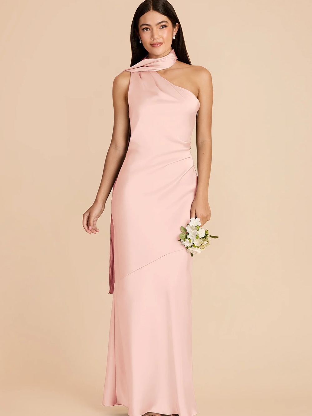 NWT Birdy Grey Brielle Dress One-Shoulder Blush Pink Gown with Neck Wrap